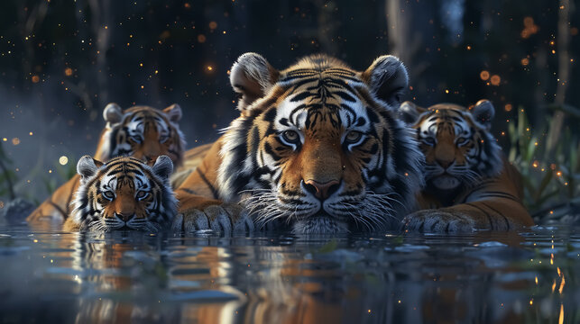 Group of tigers, tiger family in the water, Panthera tigris altaica