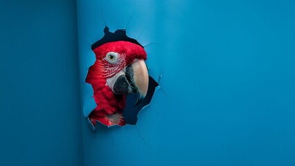 Putziger Papagei schaut durch Wand mit Platzhalter für Zoo und Züchter im Querformat für Banner, ai generativ - obrazy, fototapety, plakaty
