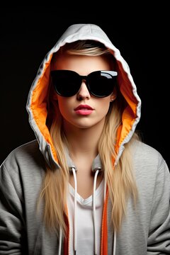 Portrait of a young blonde woman wearing a grey hoodie and sunglasses
