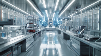 Fototapeta premium A sophisticated biotech lab, with rows of advanced research equipment and workstations, momentarily unoccupied but ready to drive innovation in the field of medicine