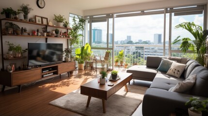Obraz premium A bright and airy living room with a large window and a view of the city