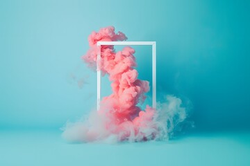 Dense pink cloud in dynamic movement around the frame against bright blue background, abstract dreamy composition