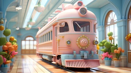 A pink cartoon train in a station
