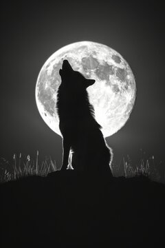 Mysterious lone wolf howling under full moon in striking black and white silhouette
