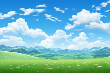 Green rolling hills under blue sky with white clouds