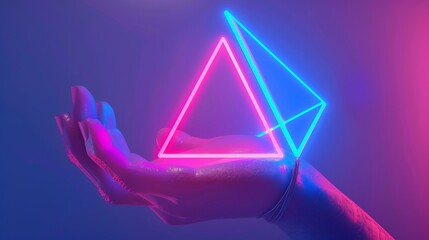 A mannequin hand holds a pink blue neon triangle shape on a minimalist geometrical background. Futuristic technology wallpaper.