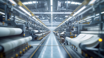 A bustling textile factory with rows of looms and spinning machines, currently at rest but ready to produce fabrics of various colors and patterns - Powered by Adobe