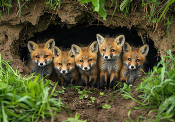 Naklejka na ściany i meble A group of fox cubs at the entrance to their burrow in green grass