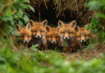Fototapeta premium A group of fox cubs at the entrance to their burrow in green grass