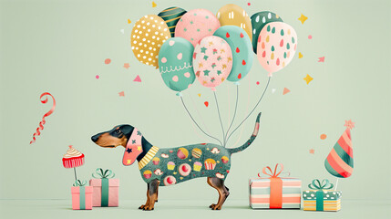 Fototapeta premium Party Celebration with Adorable Dachshund and Colorful Balloons Illustration