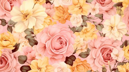 Pink and yellow roses and other flowers