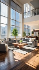 Fototapeta premium Airy and bright living room with large windows and a modern interior