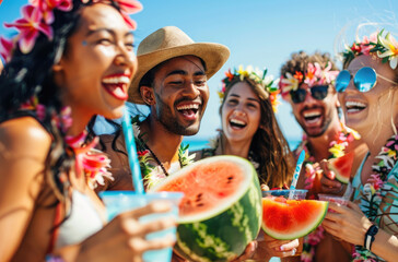 A group of friends enjoying watermelon and coconut drinks at the beach, celebrating with leis and smiling faces