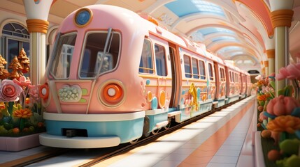 A pink and blue train is in a station.