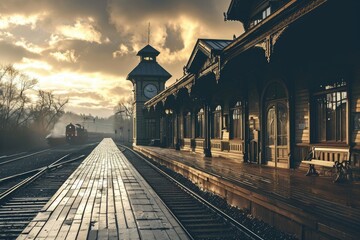 A vintage train station , Old railway station with a train and a locomotive on the platform...