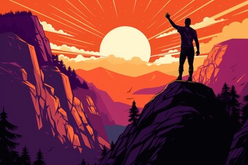 Man on top of a mountaintop at sunset