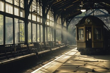 A vintage train station , Old railway station with a train and a locomotive on the platform awaiting departure, AI generated