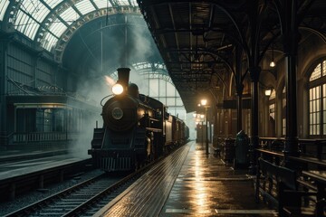A vintage train station , Old railway station with a train and a locomotive on the platform awaiting departure, AI generated © Tanu