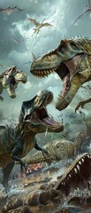 Realistic portrayal of a fierce battle between a T-Rex pack and a herd of Ankylosaurus under stormy skies