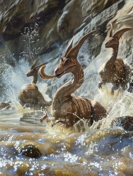 Realistic depiction of a playful group of Parasaurolophus in a river, splashing in the water