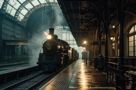 A vintage train station , Old railway station with a train and a locomotive on the platform awaiting departure, AI generated - Powered by Adobe