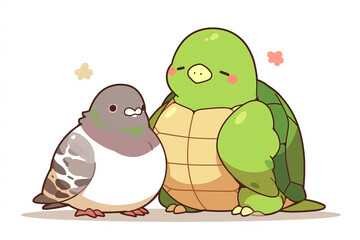 A cartoon of a bird and a turtle standing next to each other