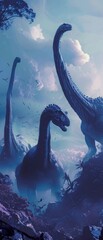 Detailed, moody illustration of a group of Diplodocus resting, with their long necks entwined, at twilight - obrazy, fototapety, plakaty
