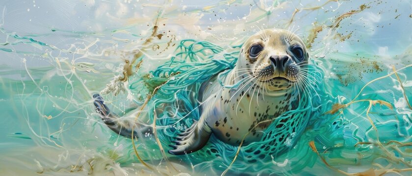 Detailed, realistic painting of a seal entangled in a plastic net, struggling to reach the surface