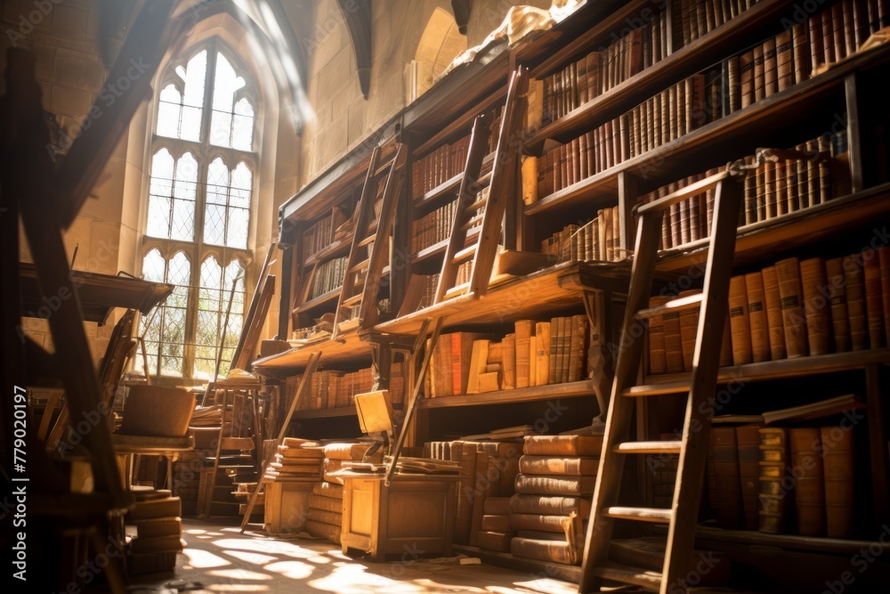 Wall mural An old library with wooden shelves and a large window