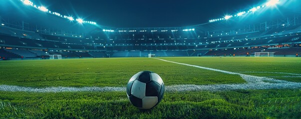 Soccer ball lying on stadium field at night with bright lights. Mixed media concept - Powered by Adobe