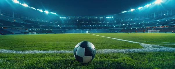 Gartenposter Soccer ball lying on stadium field at night with bright lights. Mixed media concept © Fajar