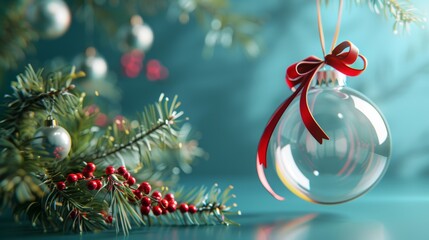 3D render of a festive turquoise blue background with an empty glass ball, red ribbon, green spruce branches, and Christmas ornaments.