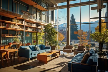 Blue and wood living room interior with large windows - obrazy, fototapety, plakaty