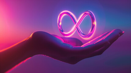 Ethereal Neon Infinity Symbol Floating on Open Hand Against Purple Hues