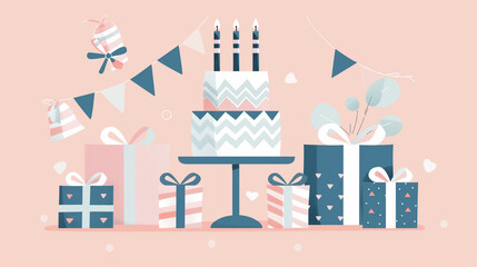Whimsical Birthday Celebration with Cake, Gifts, and Party Decorations Illustration
