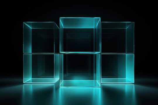 Turquoise glass cube abstract 3d render, on black background with copy space minimalism design for text or photo backdrop