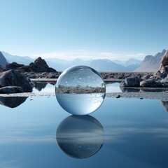 Crystal ball floating on water surface reflecting mountains - obrazy, fototapety, plakaty
