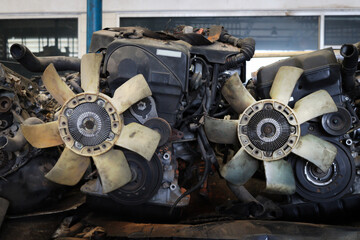 Auto parts and secondhand engine components in auto spare parts store. Spare parts of vehicle in...