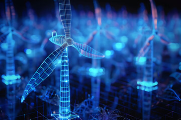 Experience renewable energy in a captivating wireframe visualization, set against a glowing translucent background, featuring a majestic wind turbine in motion - obrazy, fototapety, plakaty