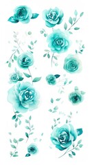 Teal roses watercolor clipart on white background, defined edges floral flower pattern background with copy space for design text or photo backdrop minimalistic 