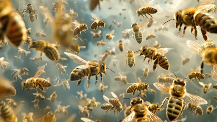 Swarm of honey bees flying in the air - An amazing capture of countless honey bees in mid-flight, buzzing around in a beautifully chaotic swarm - obrazy, fototapety, plakaty