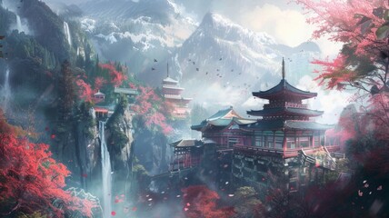 Enchanting Chinese temple with waterfall and cliffs - An astonishing artwork capturing a Chinese temple nestled in a mountainous landscape with waterfalls and red foliage