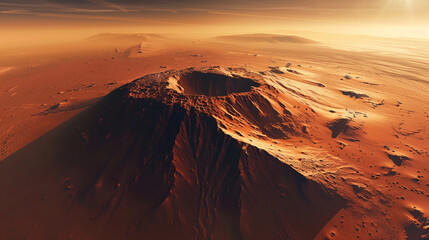 Stock image of a panoramic view from the top of Mars Olympus Mons, the tallest volcano in the solar system, revealing the vast Martian landscape ,hyper realistic, low noise, low texture - obrazy, fototapety, plakaty