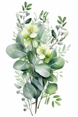 Green and white watercolor floral bouquet illustration - obrazy, fototapety, plakaty