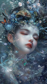 Fantasy portrait with underwater creatures - An illustrative fantasy portrait depicts a girl amidst underwater creatures and florals in a dreamlike fusion
