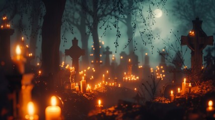 Candles illuminating a spooky graveyard at night - Candles emit a soft glow among tombstones in a foggy graveyard at night, creating a somber yet mystical atmosphere - obrazy, fototapety, plakaty