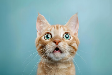 Cute cat with funny face on color background.