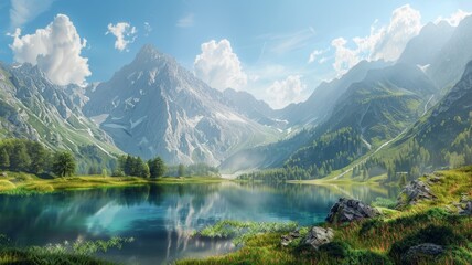 Naklejka na ściany i meble Lush alpine valley with tranquil reflective lake - Stunning scene of a lush green valley with sharp mountain peaks and a mirror-like lake reflecting the stunning scenery