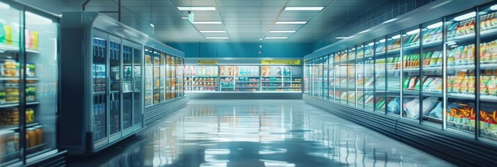 Frozen goods area in a supermarket, long refrigerated display cases with goods in the store, banner