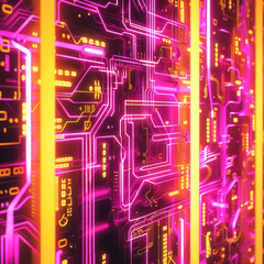 Abstract expression of digital connectivity, featuring circuitlike patterns and vibrant neon lights to symbolize the digital age
